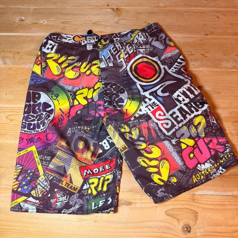Vintage Rip Curl Mens Board Shorts Size 32‎ Multicolor Collage Print Surf Swim